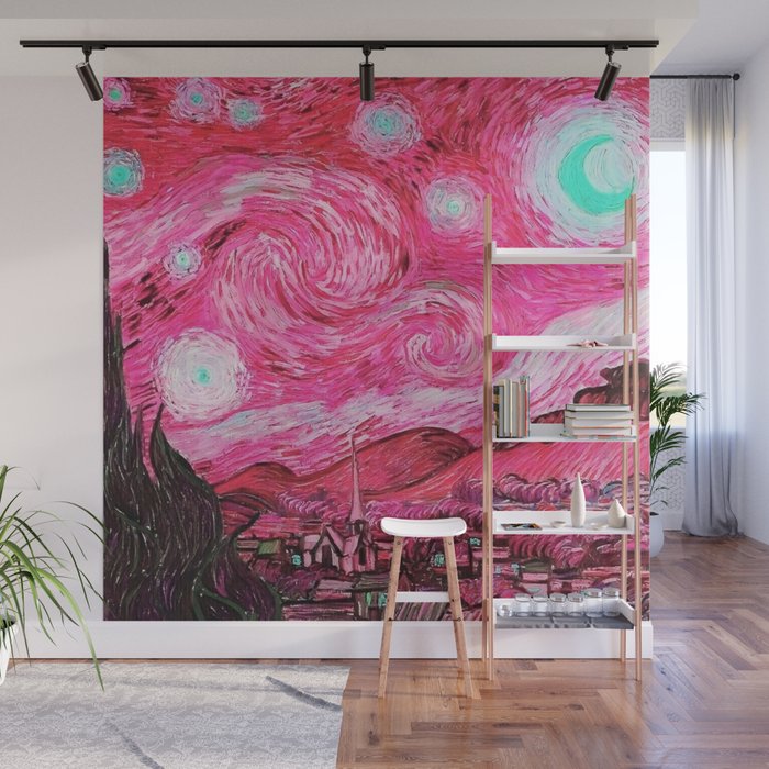 The Starry Night - La Nuit étoilée oil-on-canvas post-impressionist landscape masterpiece painting in alternate fuchsia pink and baby blue by Vincent van Gogh Wall Mural