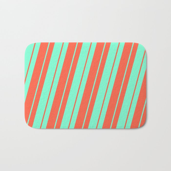 Aquamarine and Red Colored Lined Pattern Bath Mat