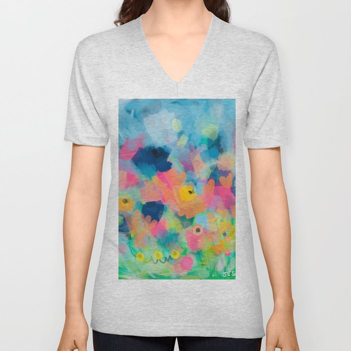 Colorful Flower Field V Neck T Shirt