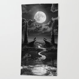 XVIII. The Moon Tarot Card Illustration Beach Towel
