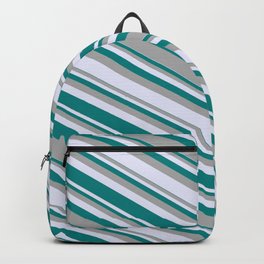 [ Thumbnail: Dark Grey, Lavender, and Teal Colored Stripes Pattern Backpack ]