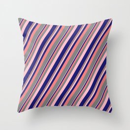 [ Thumbnail: Light Coral, Gray, Pink & Midnight Blue Colored Stripes Pattern Throw Pillow ]