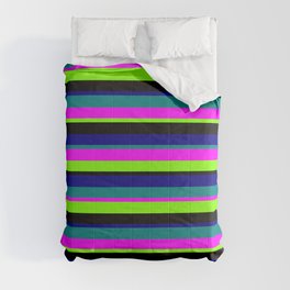 [ Thumbnail: Chartreuse, Black, Blue, Teal & Magenta Stripes/Lines Pattern Comforter ]