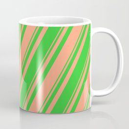 [ Thumbnail: Light Salmon & Lime Green Colored Lines Pattern Coffee Mug ]
