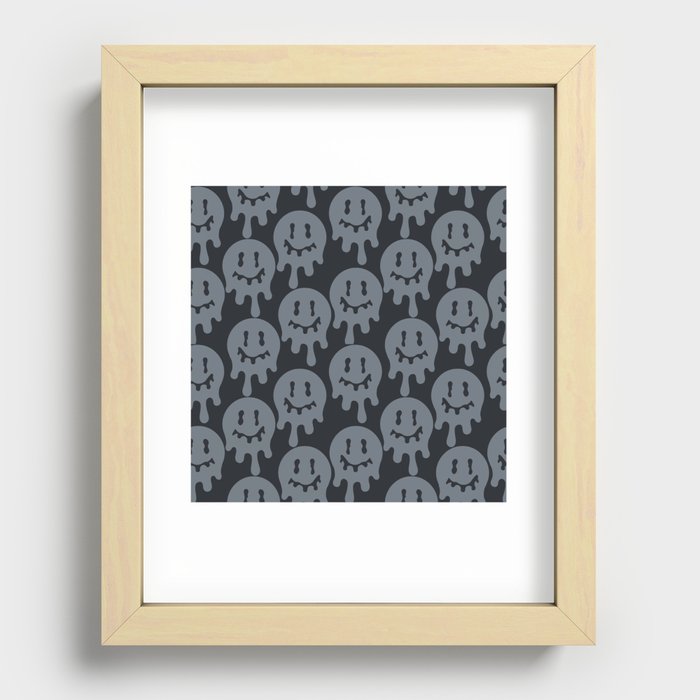 Melted Smiley Faces Trippy Seamless Pattern - Grey Recessed Framed Print