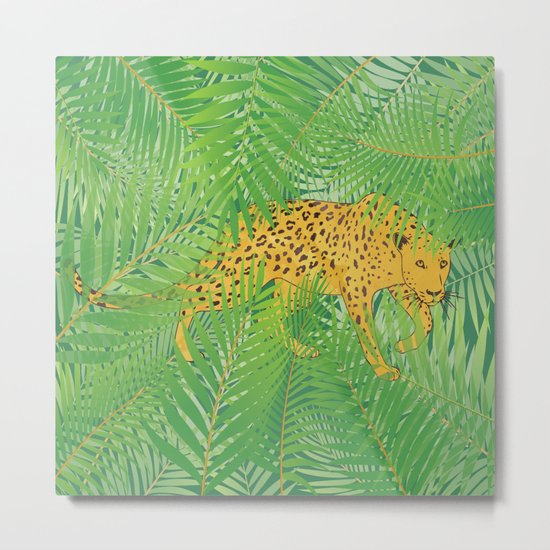 Leopard with tropical leaves Metal Print