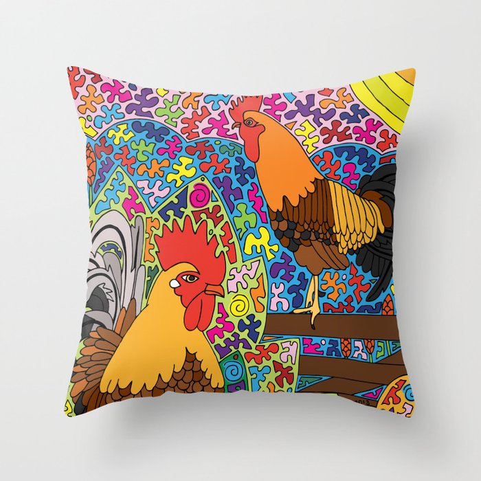 Happy Birds - Chicken and Rooster Throw Pillow