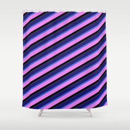 [ Thumbnail: Vibrant Midnight Blue, Royal Blue, Violet, Black, and White Colored Pattern of Stripes Shower Curtain ]