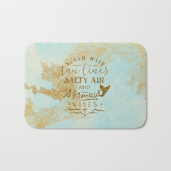 Beach-Mermaid-Mermaid Vibes - Gold glitter lettering on aqua glittering background Bath Mat