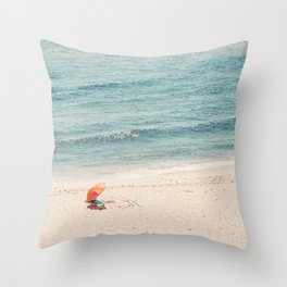 Aerial Orange Beach Umbrella - Ocean - Beach and Sea photography by Ingrid Beddoes Throw Pillow