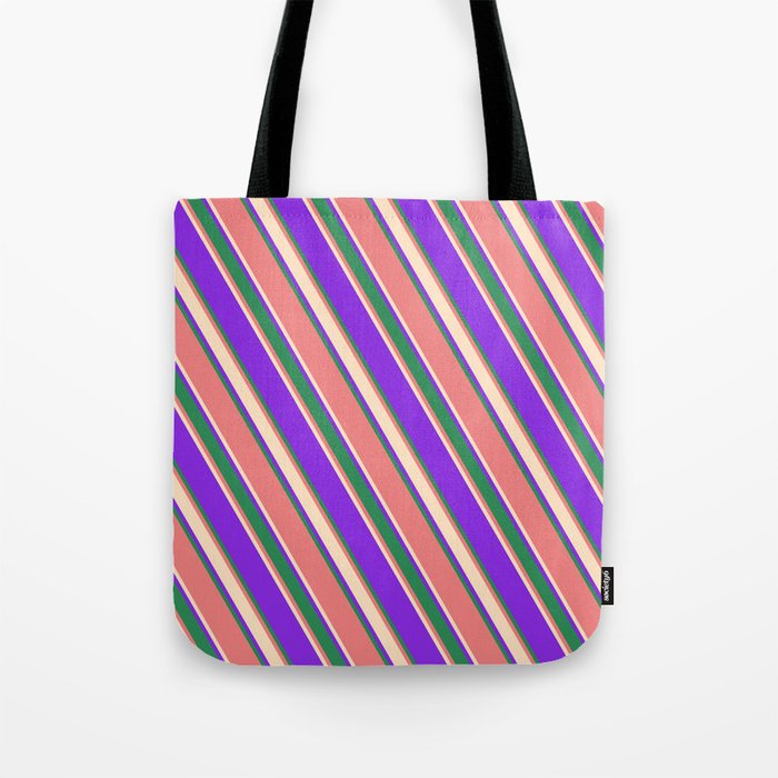 Purple, Sea Green, Light Coral, and Bisque Colored Lined/Striped Pattern Tote Bag