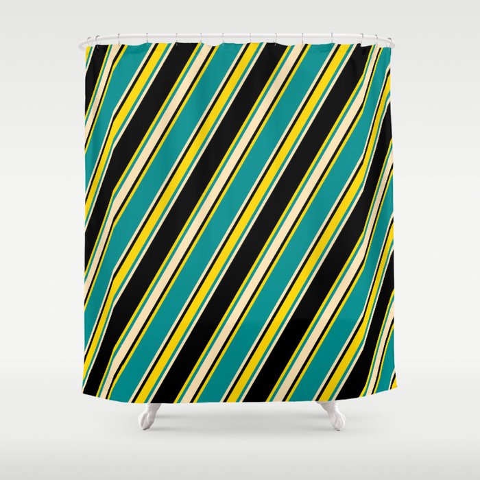 Dark Cyan, Beige, Black, and Yellow Colored Lines/Stripes Pattern Shower Curtain