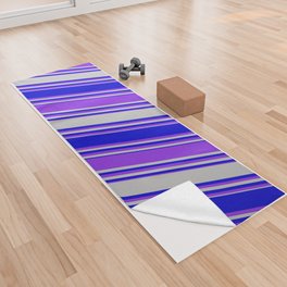 [ Thumbnail: Grey, Blue & Purple Colored Stripes Pattern Yoga Towel ]