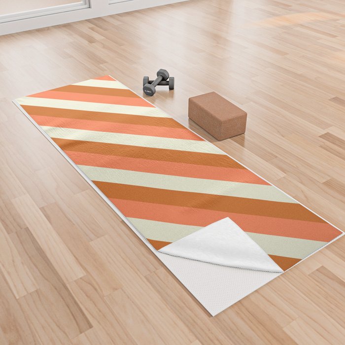 Beige, Chocolate, and Coral Colored Stripes Pattern Yoga Towel
