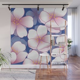 Falling White Sakura Cherry Blossom Pattern Classic Pink And Blue Wall Mural
