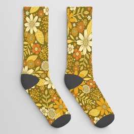 1970s Retro Flowers Pattern in Yellow, Orange & Olive Green Socks