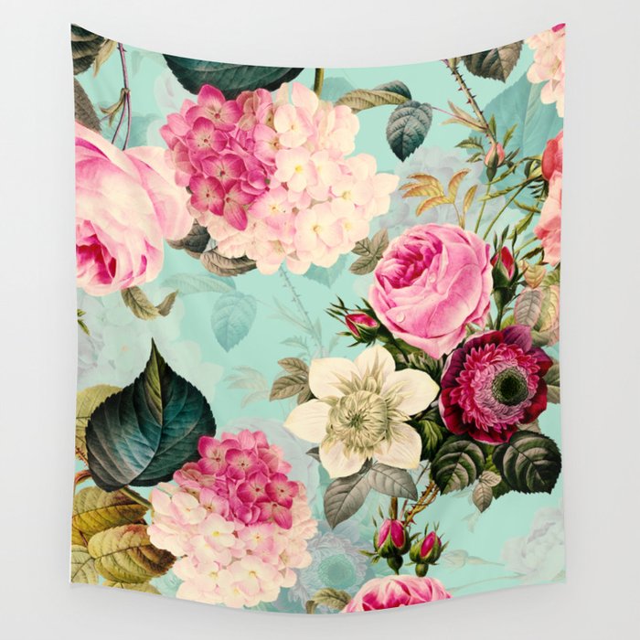 Vintage & Shabby Chic - Summer Teal Roses Flower Garden Wall Tapestry