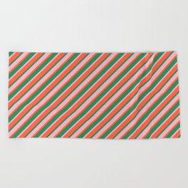 [ Thumbnail: Sea Green, Light Pink, and Red Colored Lined/Striped Pattern Beach Towel ]