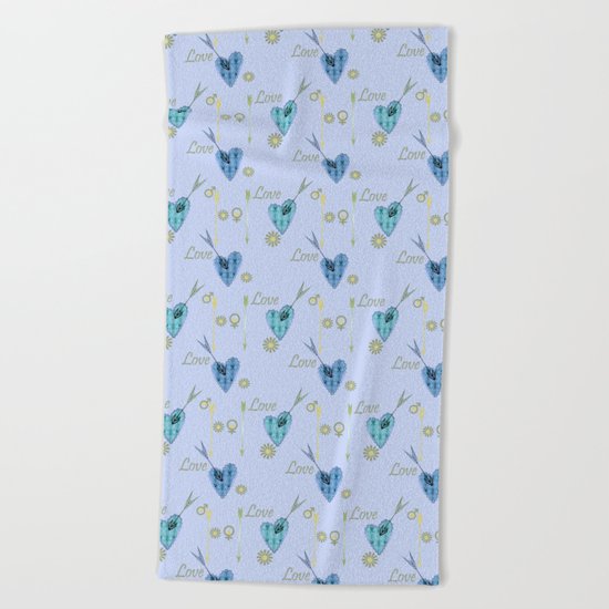 Love . The filigree heart . Blue background . Beach Towel