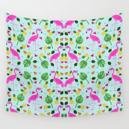 Fun Flamingos on Teal Wall Tapestry
