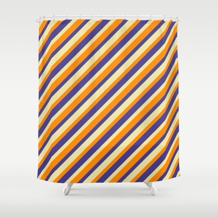 Dark Orange, Dark Slate Blue & Pale Goldenrod Colored Stripes Pattern Shower Curtain