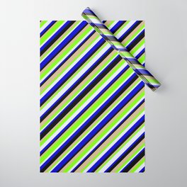 [ Thumbnail: Eye-catching Green, Lavender, Blue, Black, and Tan Colored Lined/Striped Pattern Wrapping Paper ]