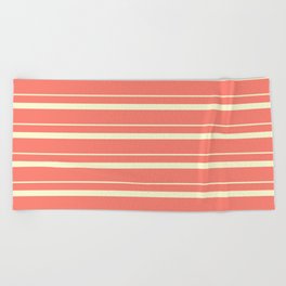 [ Thumbnail: Salmon & Light Yellow Colored Stripes Pattern Beach Towel ]