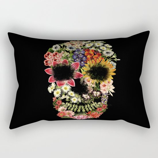 Floral Skull Vintage Black Rectangular Pillow