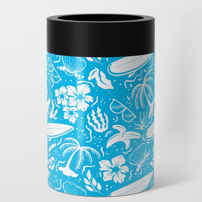Turquoise and White Surfing Summer Beach Objects Seamless Pattern Can Cooler