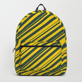 [ Thumbnail: Dark Slate Gray and Yellow Colored Lined Pattern Backpack ]
