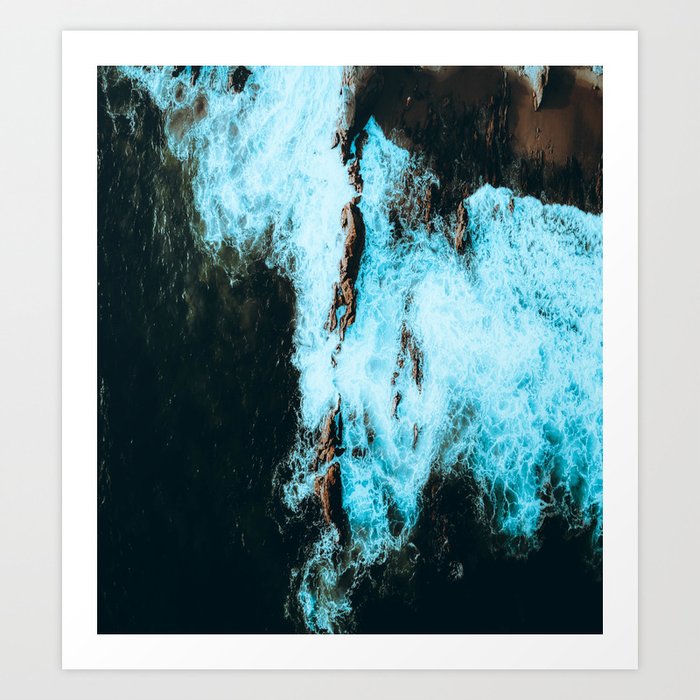 Blue white waves under cliff Art Print