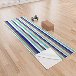 [ Thumbnail: Colorful Dim Grey, Tan, Turquoise, White, and Dark Blue Colored Lined Pattern Yoga Towel ]
