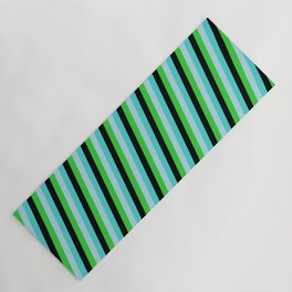 [ Thumbnail: Turquoise, Black, Lime Green, and Light Blue Colored Lines/Stripes Pattern Yoga Mat ]