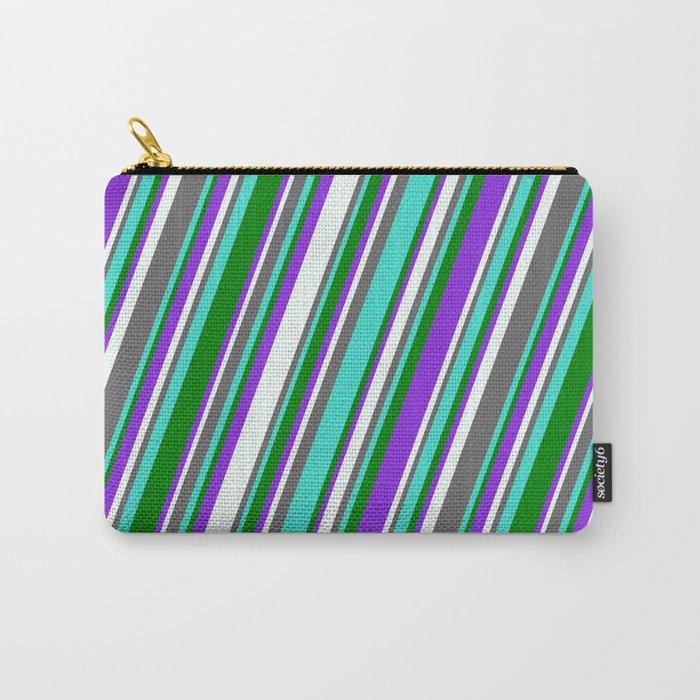 Dim Grey, Turquoise, Green, Purple & Mint Cream Colored Lined Pattern Carry-All Pouch