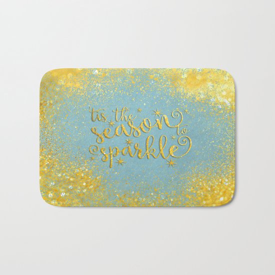 The season sparkle - Gold glitter effect Saying on aqua background on #Society6 Bath Mat