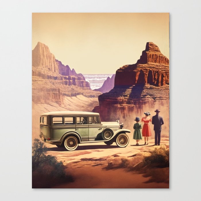 Family standing next to their car at the edge of the Grand Canyon and enjoying the view a vintage and nostalgic Canvas Print