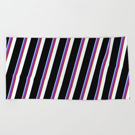 [ Thumbnail: Light Sky Blue, Purple, Red, Mint Cream, and Black Colored Lined/Striped Pattern Beach Towel ]