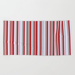 [ Thumbnail: Red, Dark Grey & Lavender Colored Lines Pattern Beach Towel ]