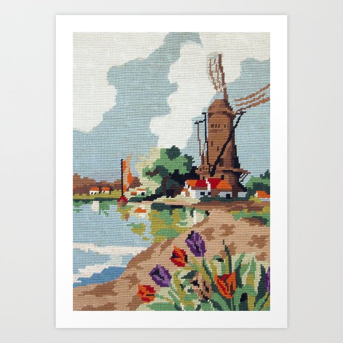 Cross stitch Windmill Art Print