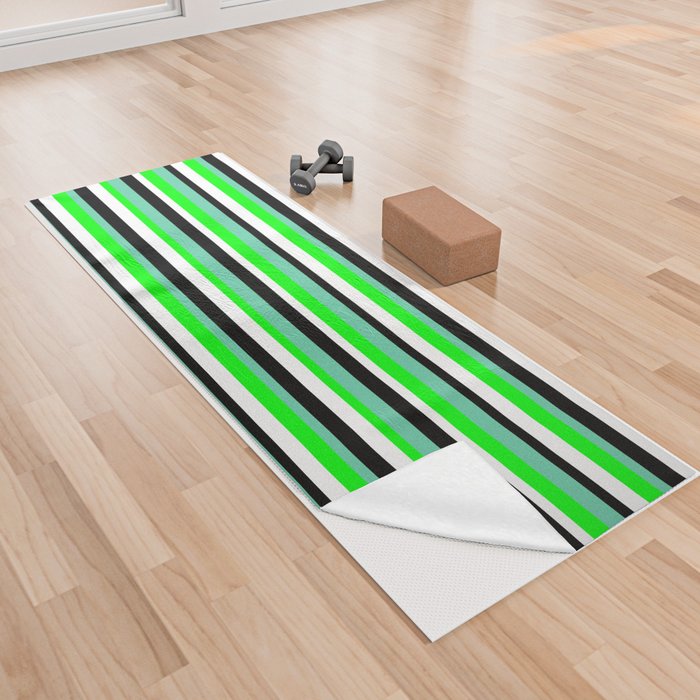 Aquamarine, Lime, White, and Black Colored Lined/Striped Pattern Yoga Towel