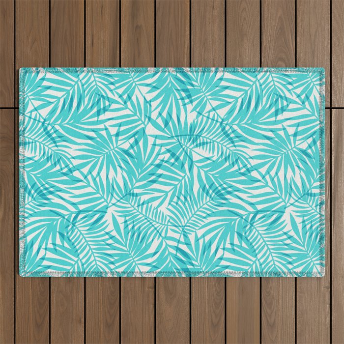 Blue Turquoise Palm Leaves Outdoor Rug