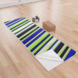 [ Thumbnail: Blue, Light Green, Beige & Black Colored Lines/Stripes Pattern Yoga Towel ]