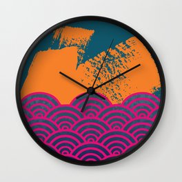 Japanese Wave Pattern Brushtroke Teal Pink Orange Wall Clock