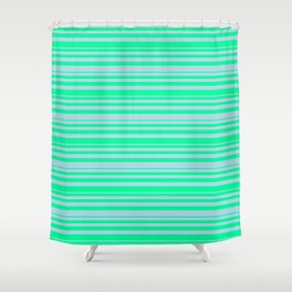 [ Thumbnail: Green & Light Blue Colored Striped Pattern Shower Curtain ]