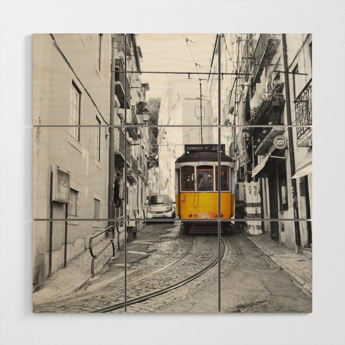 Yellow Tram in Lisbon Portugal | Travel Photography in Selective Color Wood Wall Art