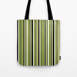 [ Thumbnail: Dark Khaki, Green, Beige, and Black Colored Lined Pattern Tote Bag ]
