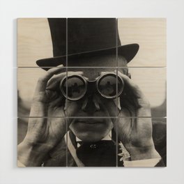 Derby Spectator watching ponies with opera glasses black and white photograph - photography - photographs Wood Wall Art