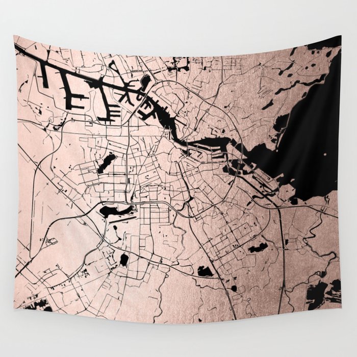 Amsterdam Rosegold on Black Street Map Wall Tapestry