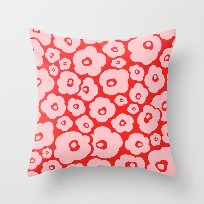 Retro Floral Pattern 140 Red and Pink Throw Pillow