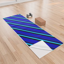 [ Thumbnail: Aqua, Black & Blue Colored Lines/Stripes Pattern Yoga Towel ]